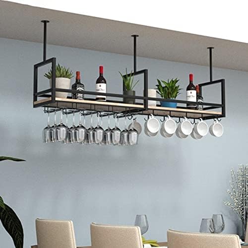 Ceiling Shelf - Black Ceiling Mounted Wine Glass Holder, Wrought Iron & Solid Wood Storage Rack, Wall Hanging Plant Display, Kitchen Floating Shelves (Size: 140 * 30 * 60CM)