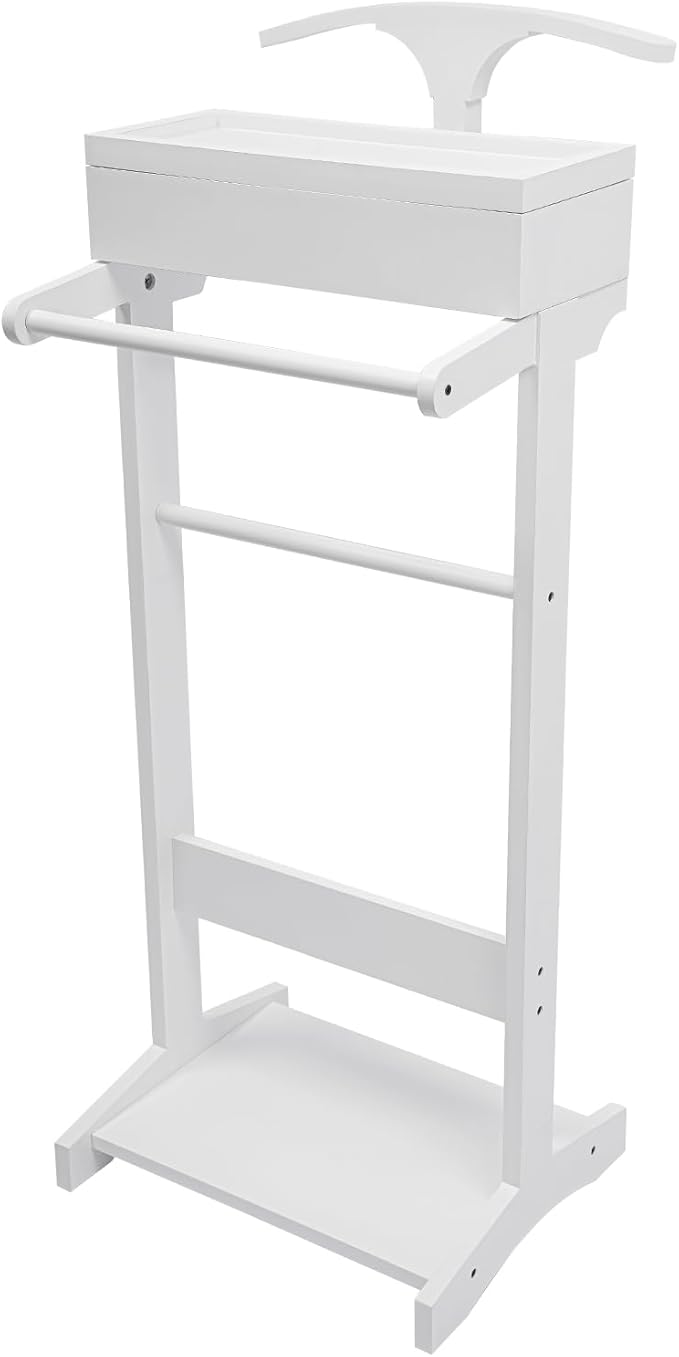 Wood Mens Valet Stand Multifunction Clothes Valet Floorstanding Suit Stand Rack with Drawer & Shoe Rack for Bedroom, Entryway, Hotel, Home Office Use (White)
