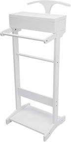 Wood Mens Valet Stand Multifunction Clothes Valet Floorstanding Suit Stand Rack with Drawer & Shoe Rack for Bedroom, Entryway, Hotel, Home Office Use (White)