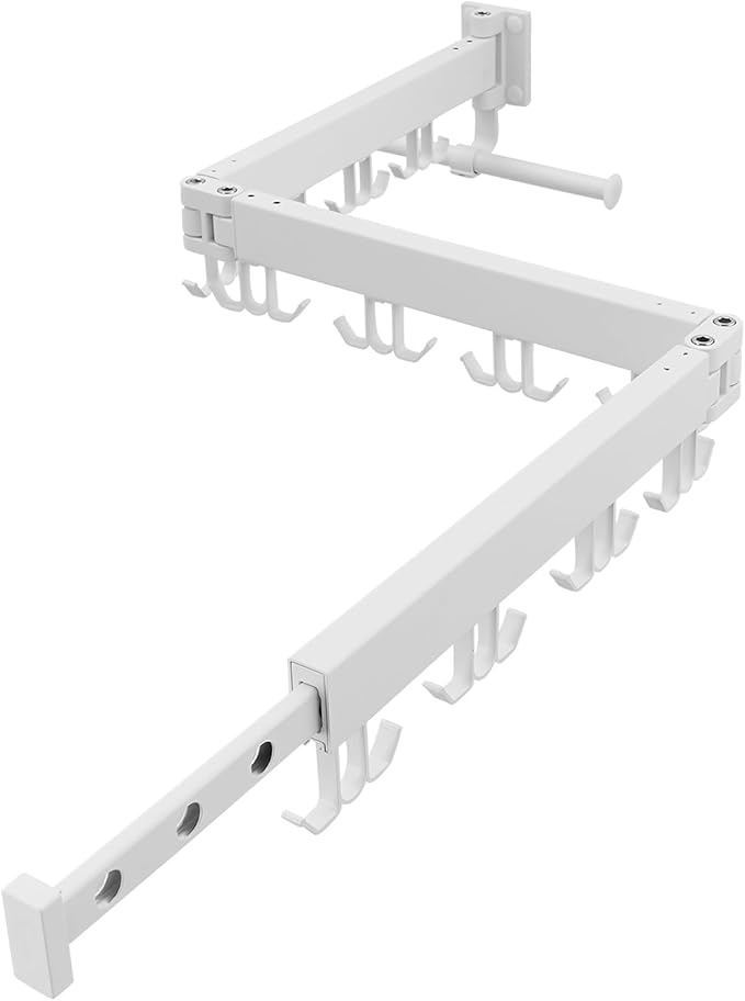 JOOM Clothes Drying Rack Wall Mounted,Folding Clothes Drying Rack,Retractable,Collapsible(Tri-Fold,Upgrade Hook),Wall Mounted Drying Rack for Laundry Balcony Bathroom (White)
