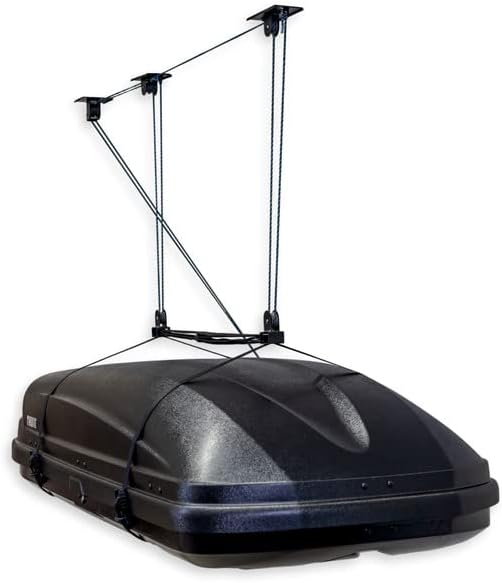 Teal Triangle Ceiling Storage Hoist for Cargo Box - Heavy Duty Garage Storage Lift - Garage Pulley Lift System Holds 150 lbs and Fits 8-10 ft Tall Garage Ceilings