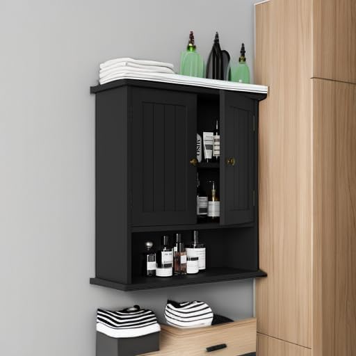 Smuxee Black Wall Cabinet, Small, 2-Door Medicine Cabinet with Adjustable Shelves, Over Toilet, For Kitchen and Laundry Rooms