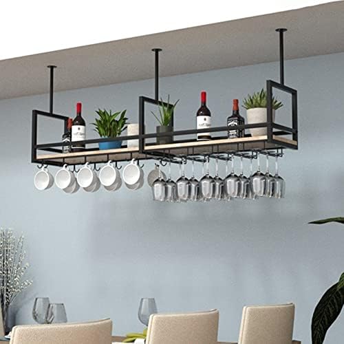 Ceiling Shelf - Black Ceiling Mounted Wine Glass Holder, Wrought Iron & Solid Wood Storage Rack, Wall Hanging Plant Display, Kitchen Floating Shelves (Size: 140 * 30 * 60CM)