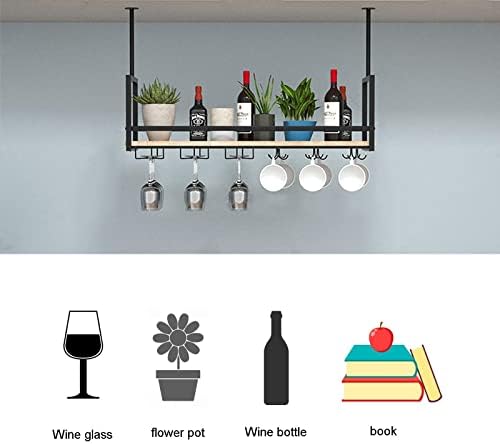 Ceiling Shelf Wine Glass Holder - Wrought Iron & Solid Wood Storage Rack, Ceiling Mounted Wine Rack, Wall Mounted Plant Display, Kitchen Floating Shelves - Black, 100 * 30 * 60CM(39 * 12 * 24 in)