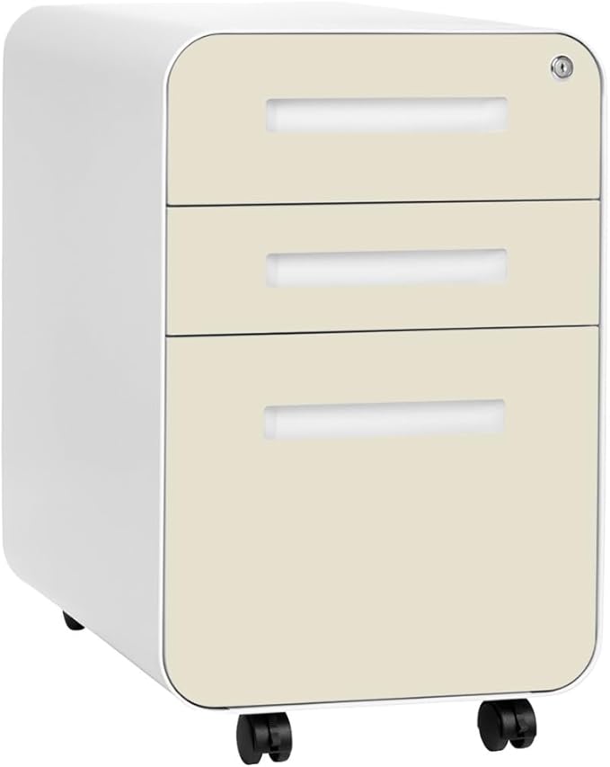 Laura Davidson Furniture Stockpile 3 Drawer File Cabinet with Lock - Under Office Desk Metal Filing Cabinet, Legal/Letter File Folders, Wheels and Stationary Feet, Pre-Assembled, Ivory
