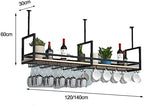 Ceiling Shelf - Black Ceiling Mounted Wine Glass Holder, Wrought Iron & Solid Wood Storage Rack, Wall Hanging Plant Display, Kitchen Floating Shelves (Size: 140 * 30 * 60CM)