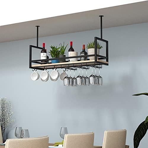 Ceiling Shelf Wine Glass Holder - Wrought Iron & Solid Wood Storage Rack, Ceiling Mounted Wine Rack, Wall Mounted Plant Display, Kitchen Floating Shelves - Black, 100 * 30 * 60CM(39 * 12 * 24 in)