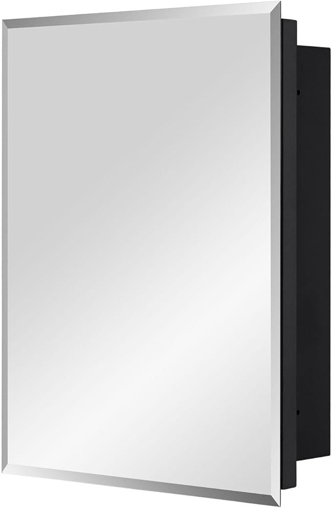 Black Bathroom Medicine Cabinet with Beveled Edge Mirrored Door 14 x 18 inch, Recessed or Surface Mount, with Adjustable Glass Shelves