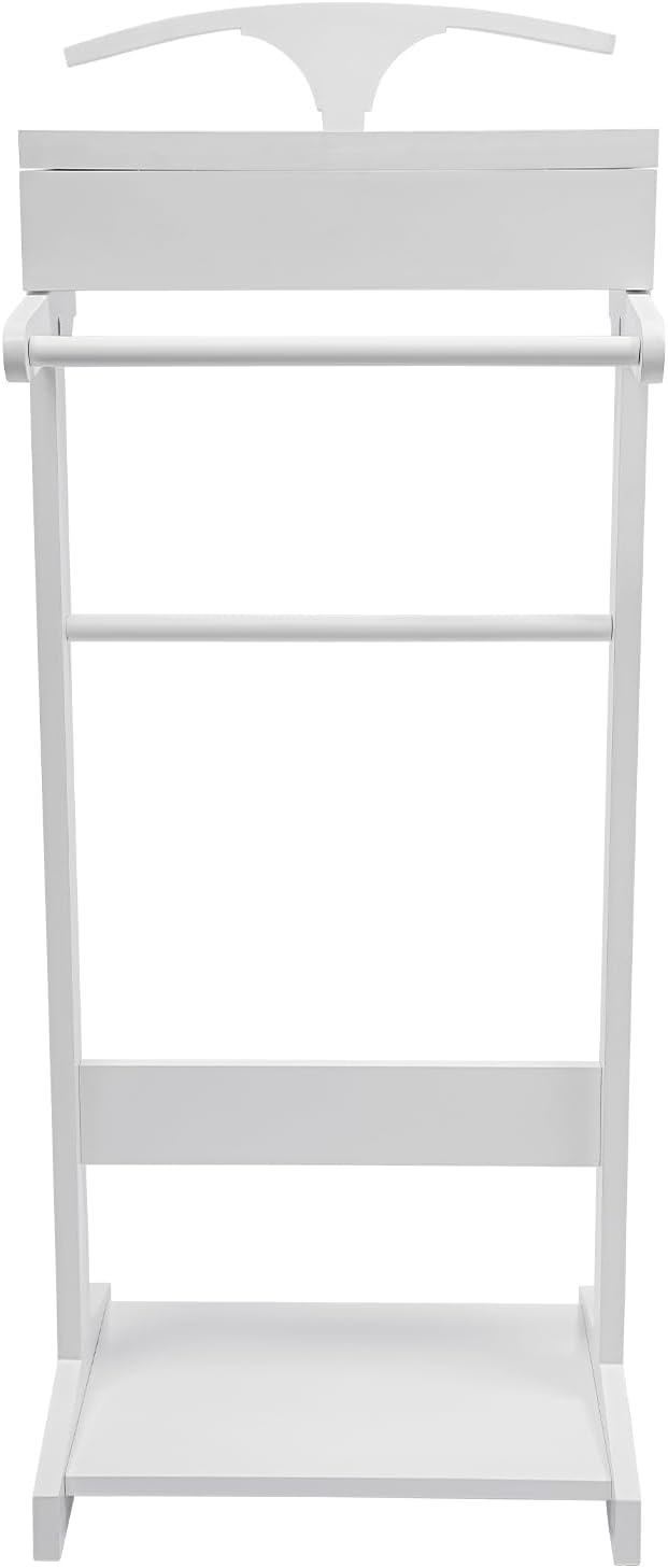 Wood Mens Valet Stand Multifunction Clothes Valet Floorstanding Suit Stand Rack with Drawer & Shoe Rack for Bedroom, Entryway, Hotel, Home Office Use (White)