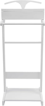 Wood Mens Valet Stand Multifunction Clothes Valet Floorstanding Suit Stand Rack with Drawer & Shoe Rack for Bedroom, Entryway, Hotel, Home Office Use (White)
