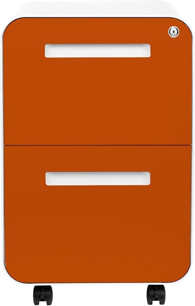 Laura Davidson Furniture Stockpile 2 Drawer Mobile File Cabinet with Lock - Under Desk Metal Filing Cabinet, Legal/Letter File Folders, Wheels and Stationary Feet, Pre-Assembled, White/Orange