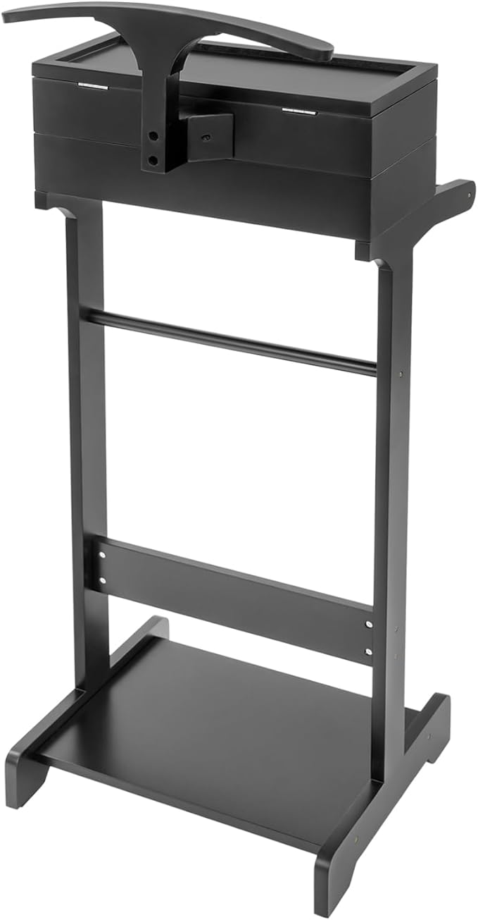 Suit Valet Stand, Solid Wood Valet Stand with Drawer & Top Compartment, Contour Hanger & Shoe Shelf & Trouser Bar, FreeStanding Suit Hanger Shoe Rack For Guest Rooms Hotel