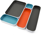 Three by Three Seattle 5 Piece Metal Organizer Tray Set for Storing Makeup, Stationery, Utensils, and More in Office Desk, Kitchen and Bathroom Drawers (1 Inch, Gray, Sky Blue, Orange)