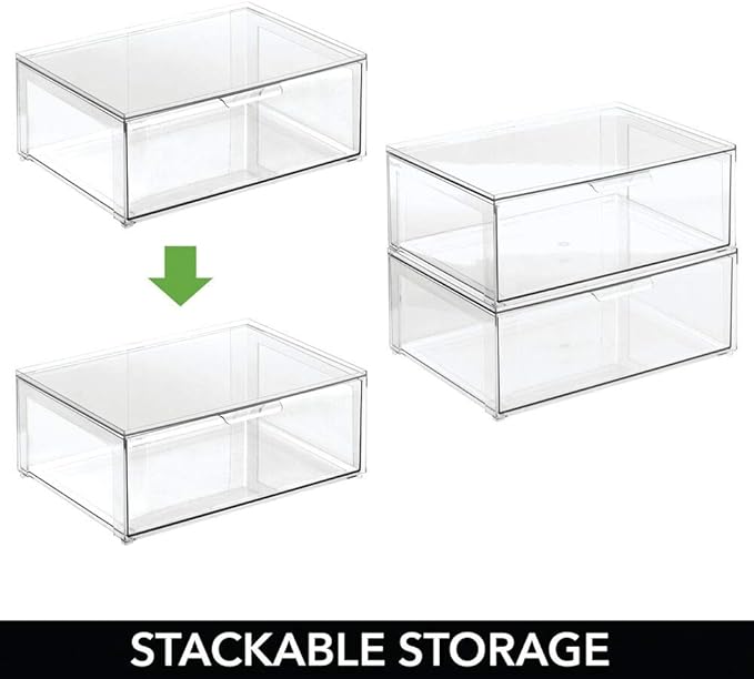 mDesign Plastic Stackable Closet Storage Organizer Bin Containers with Front Pull Drawer for Cabinet, Desk, Shelf, Cupboard, or Dresser Organization - Lumiere Collection - Clear