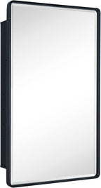 TEHOME Farmhouse Matt Black Recessed Bathroom Medicine Cabinet with Mirror Rounded Rectangle Metal Framed Medicine Cabinet with Beveled Mirror 24x36''