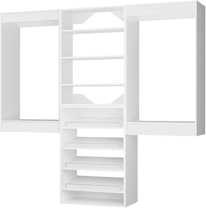 ROOMTEC Modular Closet System, 102" Wall Mounted Closet Organizer with Hanging Rods and Shoe Shelf, Wooden Tower for Walk-In Closets, Wardrobe Storage Kit, White