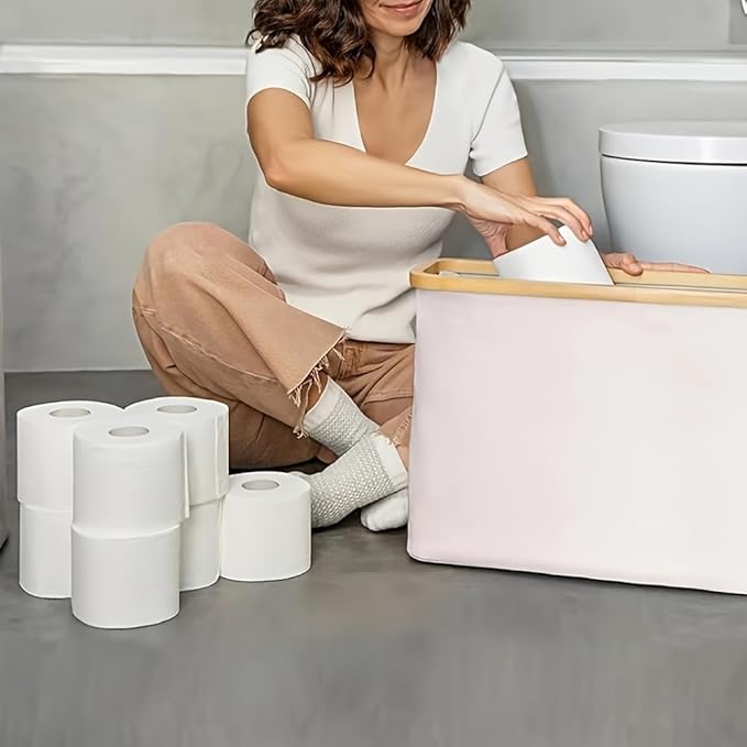 Toilet Paper Storage Basket, Oxford Cloth Papers Container with Lid, Medium Toilets Holder for Up to 12 Regular or 9 Mega Rolls, Organizer for Bathroom, Waterproof, Beige, 1 Pack (Grey)