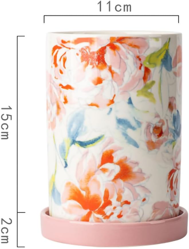 WAIT FLY Flower Porcelain Kitchen Utensil Holder with Bottom Flatware Storage Organizer Utensil Crock for Countertop Kitchen Counter Decor-Red