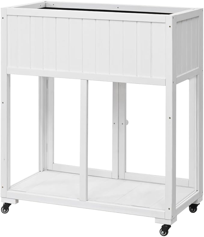 Patio 35.4''x17.7''x37.4'' Mini Wood Cold Frame, Compact 2 Doors Garden Greenhouse with Wheels, Raised Bed with Liner for Indoor Outdoor Use (White)