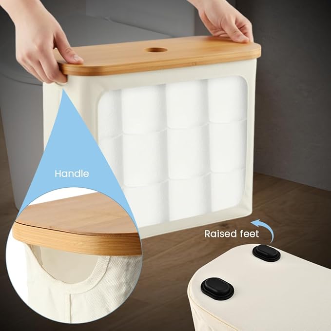 Toilet Paper Storage Holder with Lid, Freestanding Toilet Paper Basket Stand for 9 to 12 Rolls, Bathroom Storage Organizer with Bamboo Lid(Beige)