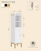 Bathroom Storage Cabinet, Small Corner Floor Hutch with Door and Adjustable Shelves, Narrow Toilet Paper Cabinet with Two Hooks, Bathroom Organizer for Small Spaces