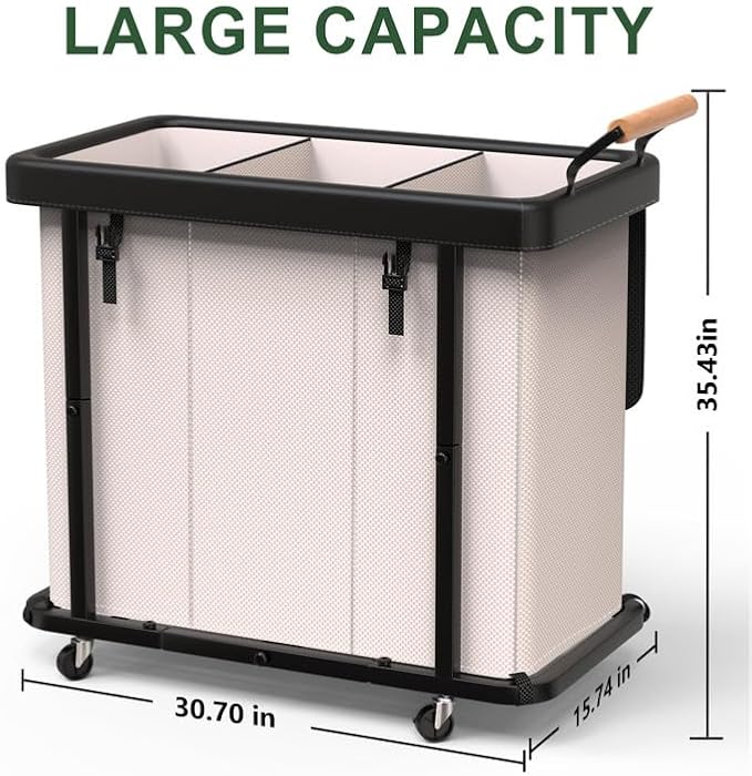 230L (60 Gal) Extra Large Fashion Laundry Sorter 3 Section with Lid, Rolling Laundry Basket Hamper with Handle, Laundry Organizer Storage Cart with Sturdy Metal Frame for Laundry Room, Hotel, White