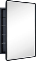 TEHOME Farmhouse Matt Black Recessed Bathroom Medicine Cabinet with Mirror Rounded Rectangle Metal Framed Medicine Cabinet with Beveled Mirror 24x36''