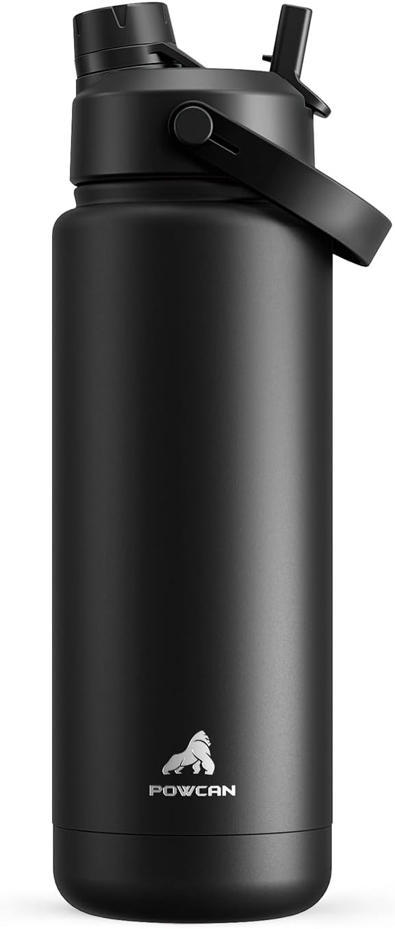 POWCAN 32 oz Insulated Water Bottle with 2-in-1 Straw and Spout Lid, Keep Cold 24H, Leak-Proof, BPA-Free, Double Wall Stainless Steel Water Bottle for Sports, Gym, Travel, and School (Dark Knight)
