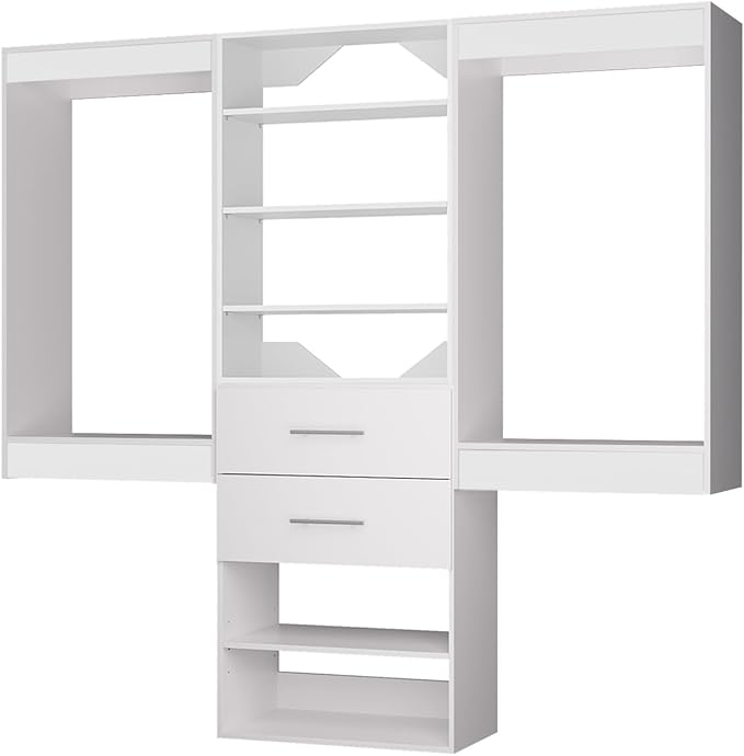 ROOMTEC Modular Closet System, 84" Wall Mounted Closet Organizer with Hanging Rods and Drawers, Wooden Tower for Walk-In Closets, Wardrobe Storage Kit, White