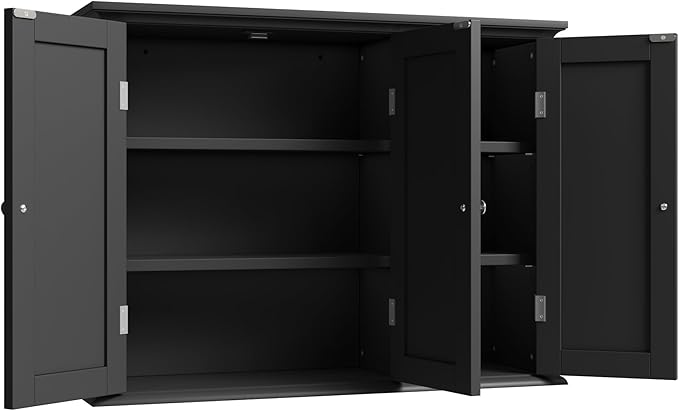 ChooChoo Bathroom Wall Cabinet with 3 Doors, Laundry Cabinet Wall Mounted, Medicine Cabinet with Adjustable Shelves, Hanging Kitchen Cupboard Organizer, Black