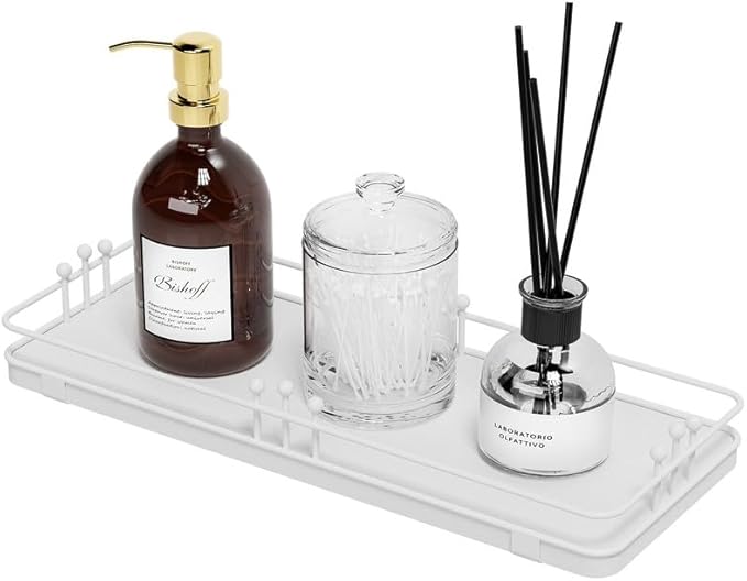 Bathroom Vanity Tray for Countertop Toiletries Perfume Makeup Soap Dispenser Toilet Tank, Kitchen Tray for Salt Spice, Decor Tray for Candle Nightstand Coffee 11.3”x 4.4” White