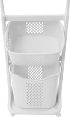 Laundry Sorter Cart with Hanging Rack, 2 Section Laundry Hamper Rack Shelf, Multi-layer Rolling Laundry Basket Clothes Storage Shelf Stand with Wheels, for Bathroom Household Kitchen, White