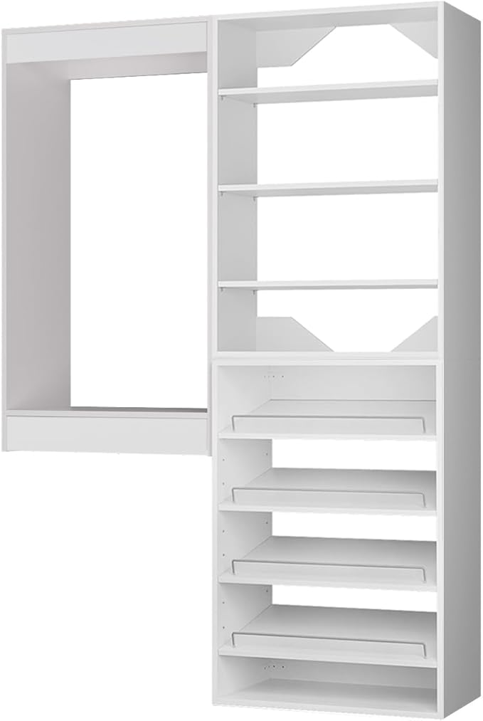 ROOMTEC Modular Closet System, 52" Wall Mounted Closet Organizer with Hanging Rods and Shoe Shelf, Wooden Tower for Walk-In Closets, Wardrobe Storage Kit, White