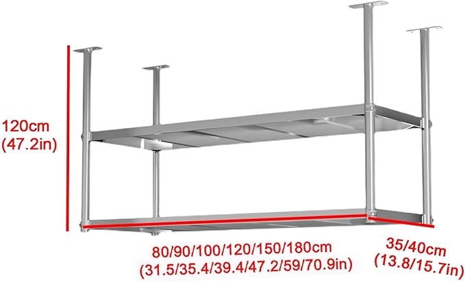 XPLKQXE Stainless Steel Ceiling Shelf, Hanging Industrial Ceiling Mount Storage Rack, Kitchen Wall Mounted Plant Stand/Wall Decor for Bar Cafe Kitchen(Silver-2lay,120x40x120cm)