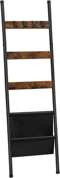 HOOBRO Blanket Ladder, 5 Tier Towel Rack, 17.3" L x 63" H, Wall-Leaning Blanket Rack for Living Room, Decorative Ladder with 4 Hooks and Magazine Pocket, Rustic Brown BF32CJ01