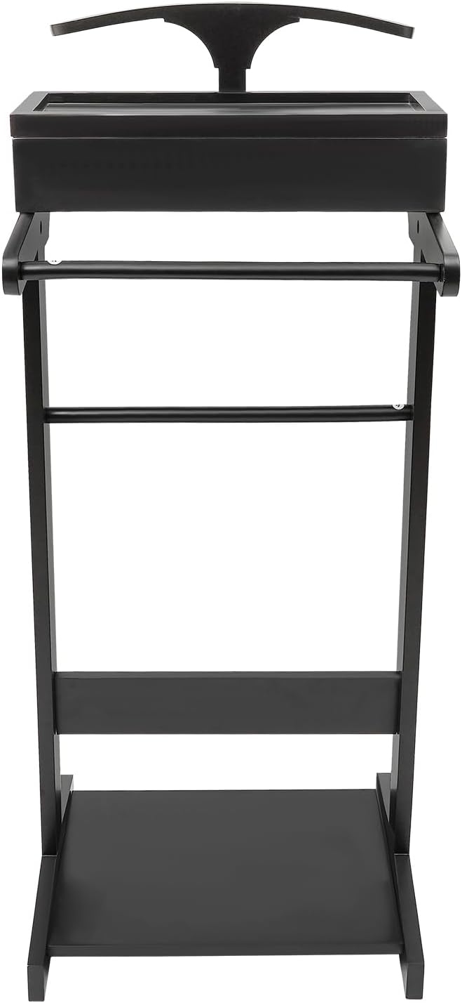 Wood Suit Rack Stand, Freestanding Valet Stand with Base and Drawer, Suit Valet Stands Organizer for Men and Women, Clothes Coat Valet Rack for Bedroom Office Entryway(Black)