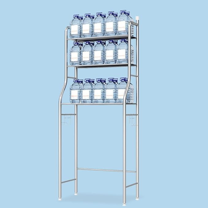 3-Tier Over The Toilet Storage, Over Toilet Bathroom Organizer, Freestanding Metal Bathroom Shelves, Over The Toilet Organizer with Hooks and Paper Holder, Space-Saving, Black