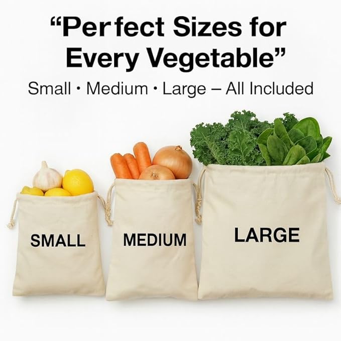 100% Reusable Cotton Produce & Bread Storage Bags, Pack of 6 (2 L, 2 M, 2 S), Breathable Muslin, Vegetable, Fruit Bags with Drawstring | Eco-Friendly Fridge & Kitchen Storage | Reusable, Eco-Friendly | Pure Cotton Material, Breathable Material, Reusabl...