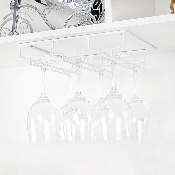 Wine Glass Rack - Under Cabinet Stemware Wine Glass Holder Glasses Storage Hanger Metal Organizer for Bar Kitchen White