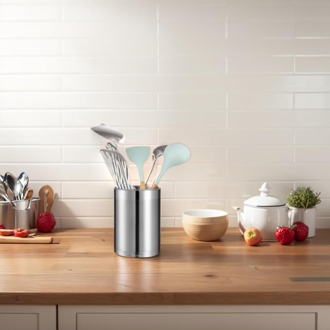 KSENDALO 3 Pack Stainless Steel Utensil Holder for Counter, Brushed Silver Metal Utensil Crock Canister with Heavy Base, Dishwasher Safe, for Kitchen Countertop Storage