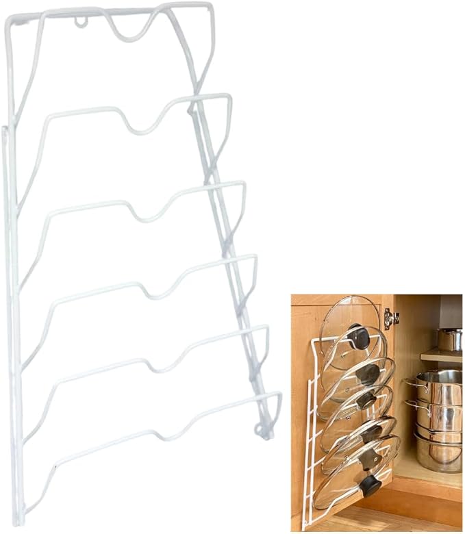 Evelots 6 Pot Lid Organizer for Cabinet Door or Pantry Wall - Closet Door Pots and Pans Lids Holder - Glass or Metal Pan Covers Cabinet Organizer Kitchen Storage - White 6 Tier Lid Rack