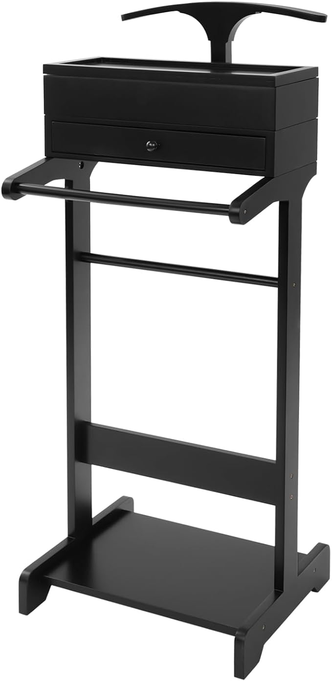 Suit Valet Stand, Solid Wood Valet Stand with Drawer & Top Compartment, Contour Hanger & Shoe Shelf & Trouser Bar, FreeStanding Suit Hanger Shoe Rack For Guest Rooms Hotel
