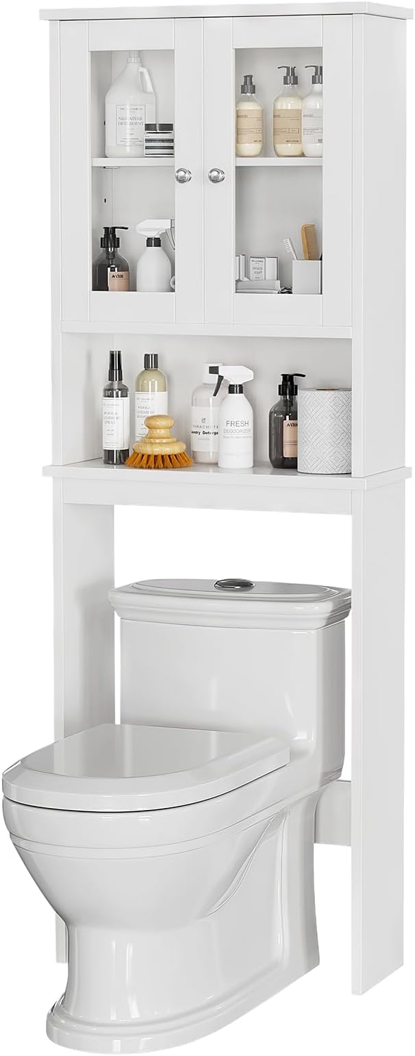 Meilocar Over The Toilet Storage Cabinet for Bathroom, White Storage Organizer Over Toilet, Space Saver with Tempered Glass Doors, White