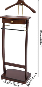 Wooden Freestanding Clothes Stand with Sturdy Base, Multi-functional Suit Valet Stand, Coat Rack with Top Drawer, Tie Hangers, and Storage Compartments for Office, Bedroom, Living Room (Walnut Color)