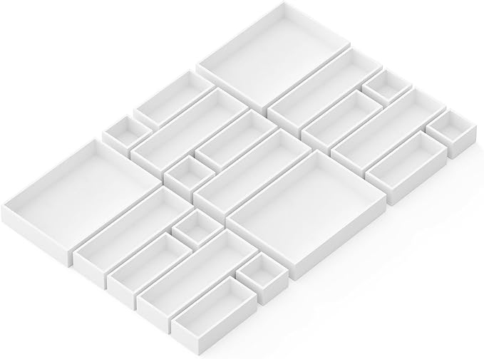SpaceAid 21-Piece Bamboo Drawer Organizer Storage Boxes Set, Wood Tray Junk Drawer Organizers Multi-Use Divider Bins for Kitchen, Bathroom, Office Desk and Makeup Organization (21 Pack, White)
