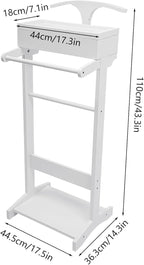 Wood Mens Valet Stand Multifunction Clothes Valet Floorstanding Suit Stand Rack with Drawer & Shoe Rack for Bedroom, Entryway, Hotel, Home Office Use (White)