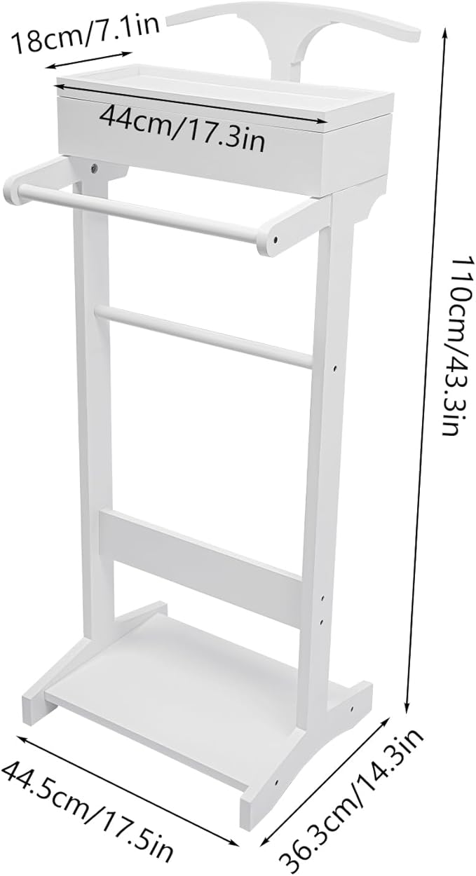 Wood Mens Valet Stand Multifunction Clothes Valet Floorstanding Suit Stand Rack with Drawer & Shoe Rack for Bedroom, Entryway, Hotel, Home Office Use (White)