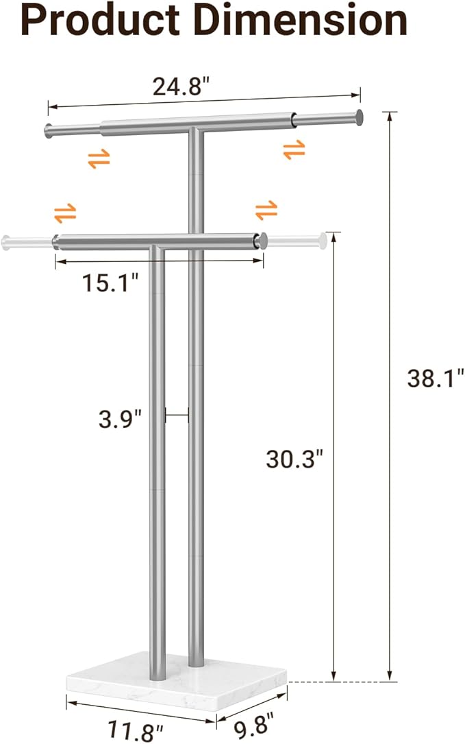 ELYKEN Standing Towel Racks for Bathroom, 2-Tier Floor Towel Holder Stand with Weighted Marble Base, Freestanding Bath Towel Rack, Width Adjustable & Stainless Steel Brushed Finish