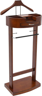 Valet Stand for Man and Women, Wood Suit Rack Suit Valet Stand with Top Tray, Storage Drawer, Bottom Shoe Rack, Freestanding Clothes Rack for Living Room, Entryway, Bedroom, Office, Black (Brown)