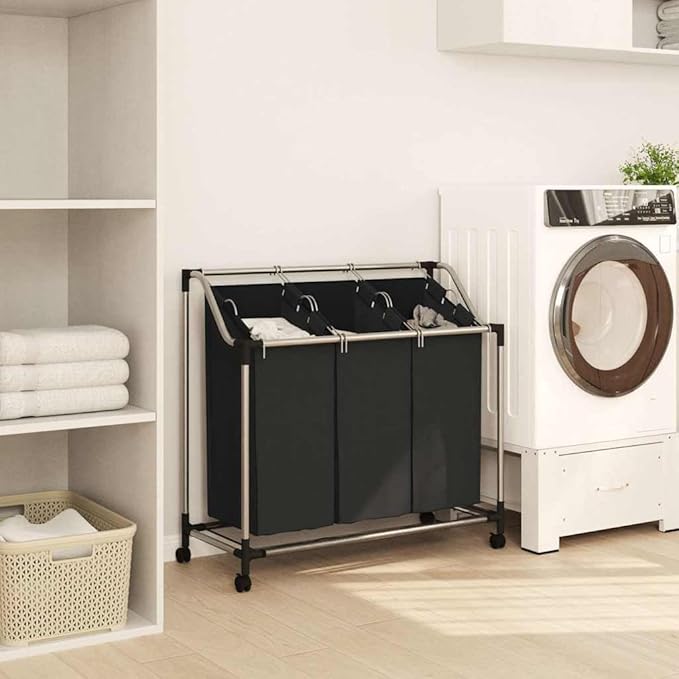Laundry Sorter with 3 Bags Black Steel Frame, Heavy-Duty Rolling Cart with Removable Sorting Bags and Casters for Easy Transport and Organization in Laundry Room or Closet